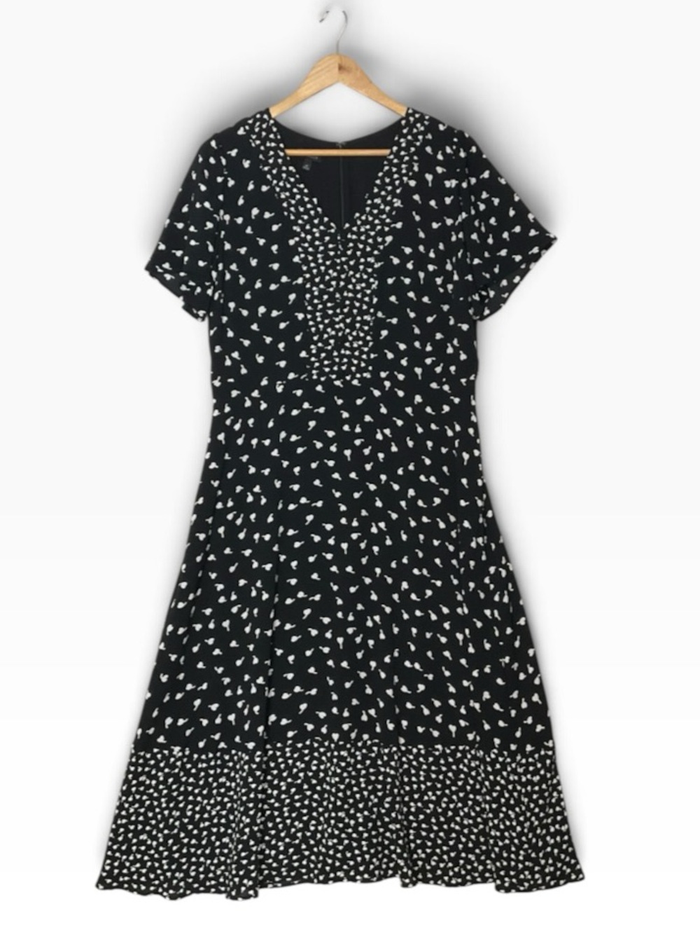 TALBOTS sz 12 Dress Black & White V-Neck Printed Midi Flutter Sleeves NWT - Picture 2 of 9